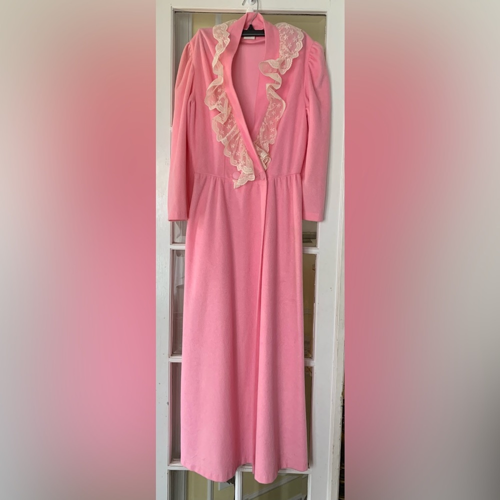 Vintage Loungecrest Pink Lace Collar Housedress Robe Open Bottom Sze S-10